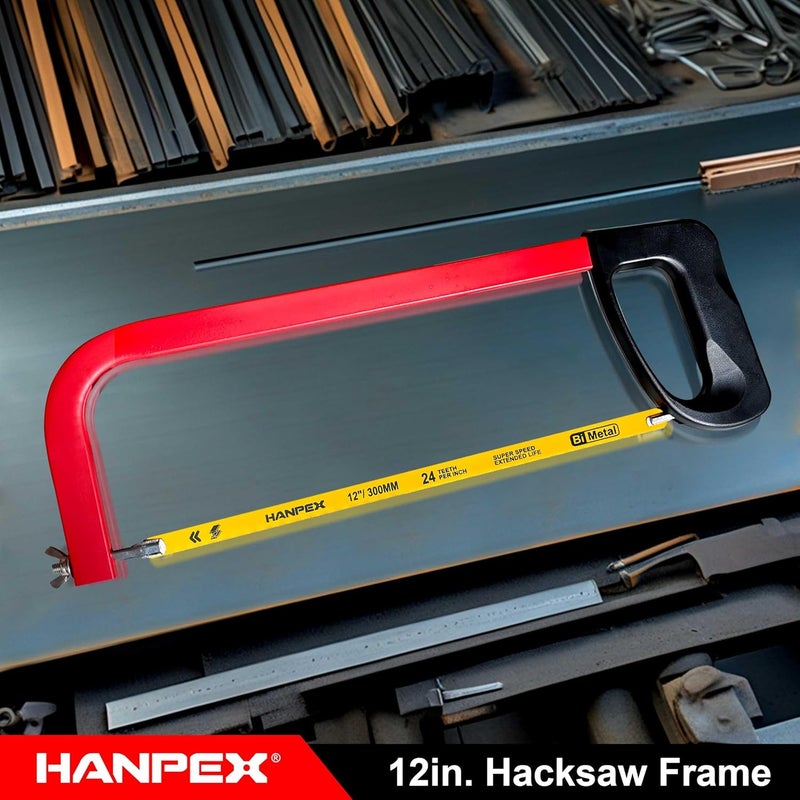 Hanpex 12in. High-Tension Hacksaw Frame with 24 TPI Bi-metal Blade, Hand Saw Suitable for Metal, wood, PVC, Carpentry（Black Handle） - Image 5